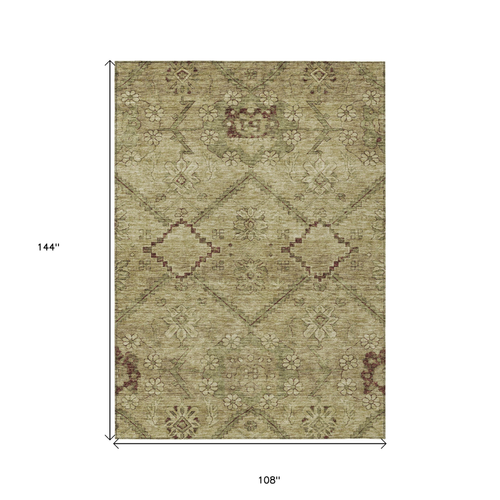 9' X 12' Brown Beige And Artichoke Green Floral Washable Indoor Outdoor Area Rug