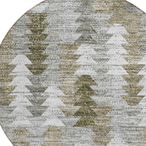 8' Brown Beige And Gray Round Geometric Washable Indoor Outdoor Area Rug
