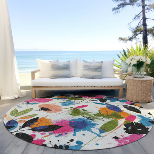 8' Ivory Pink Orange And Blue Round Floral Washable Indoor Outdoor Area Rug