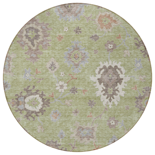 8' Artichoke Green And Beige Round Floral Washable Indoor Outdoor Area Rug