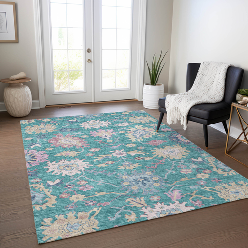 10' X 14' Teal Blue Pink And Ivory Floral Washable Indoor Outdoor Area Rug