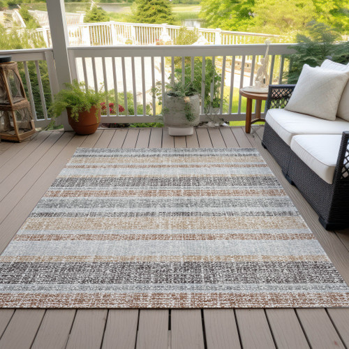 8' X 10' Gray And Silver Striped Washable Indoor Outdoor Area Rug - Gray, Silver