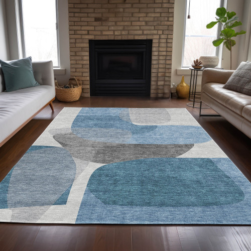 10' X 14' Denim Blue And Gray Abstract Washable Indoor Outdoor Area Rug - Denim Blue, Gray