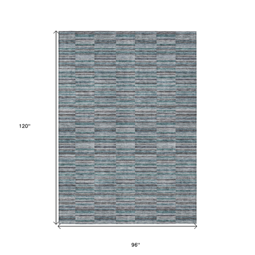 8' X 10' Teal Blue Aqua And Gray Striped Washable Indoor Outdoor Area Rug
