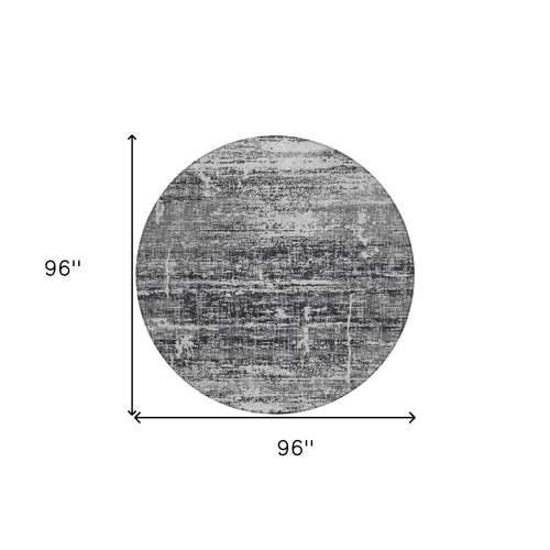 8' Black Gray And Charcoal Round Abstract Washable Indoor Outdoor Area Rug