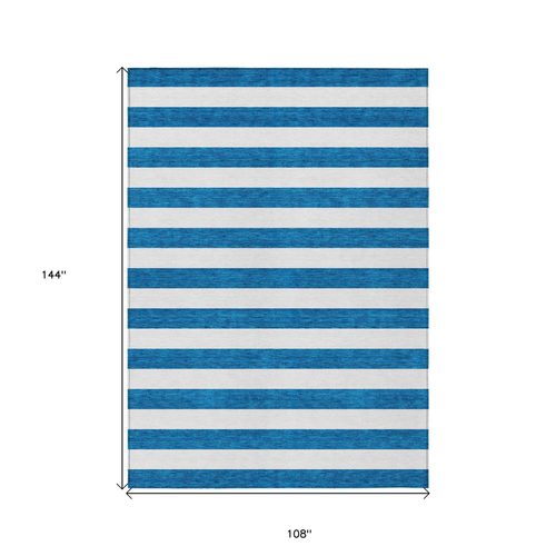 9' X 12' Navy Blue Striped Washable Non Skid Indoor Outdoor Area Rug