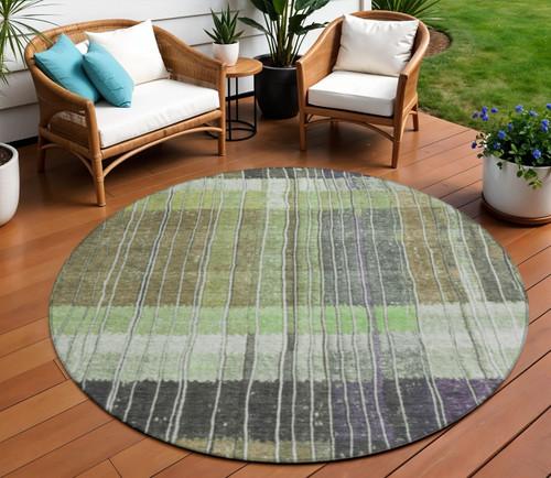 8' Artichoke Green Charcoal And Purple Round Striped Washable Indoor Outdoor Area Rug - Artichoke Green, Charcoal, Purple