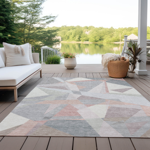 8' X 10' Blush Ivory And Gray Geometric Washable Indoor Outdoor Area Rug