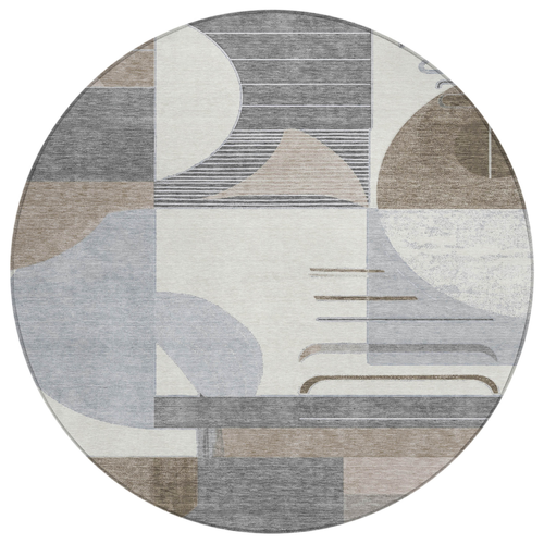 8' Taupe Gray And Ivory Round Geometric Washable Indoor Outdoor Area Rug