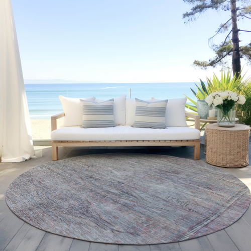 8' Pewter And Gray Round Aztec Washable Indoor Outdoor Area Rug