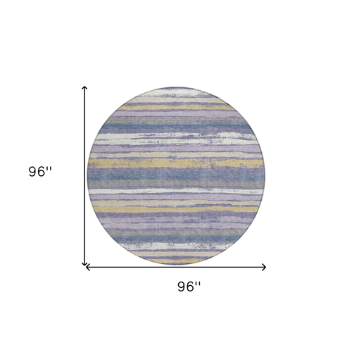 8' Purple Ivory And Beige Round Striped Washable Indoor Outdoor Area Rug