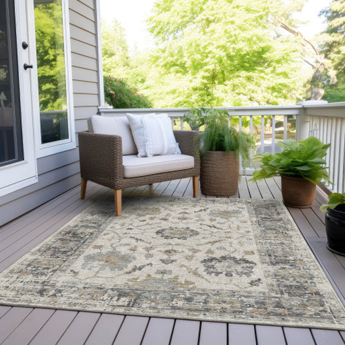 10' X 14' Ivory And Gray Floral Washable Indoor Outdoor Area Rug - Ivory, Gray