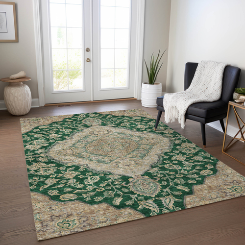 10' X 14' Emerald Beige And Brown Oriental Washable Indoor Outdoor Area Rug