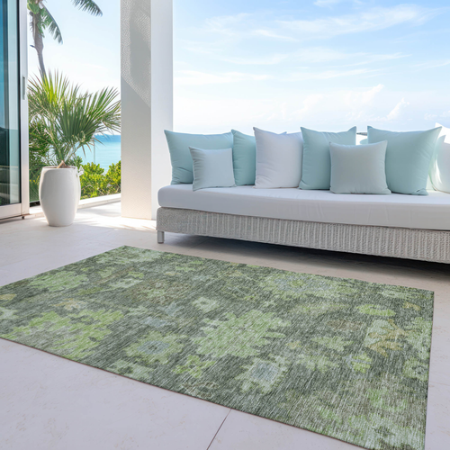 9' X 12' Fern Green And Olive Green Floral Washable Indoor Outdoor Area Rug