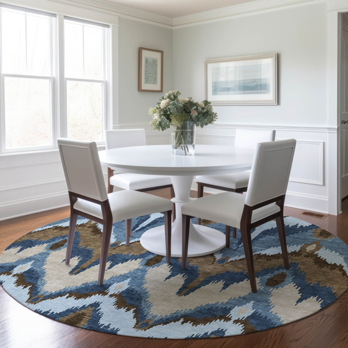8' Denim Blue And Sky Blue Round Ikat Washable Indoor Outdoor Area Rug