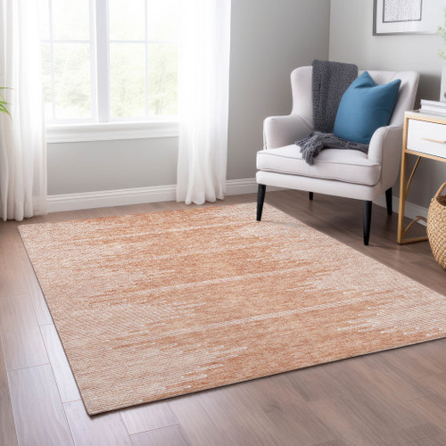 9' X 12' Salmon And Ivory Abstract Washable Indoor Outdoor Area Rug