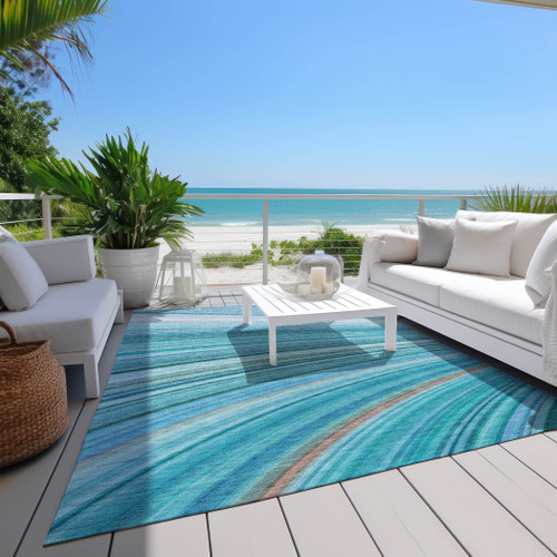 9' X 12' Teal Blue Aqua And Blue Abstract Washable Indoor Outdoor Area Rug