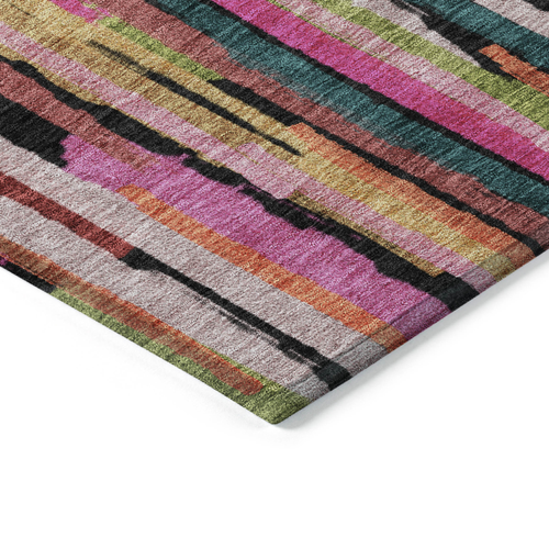 9' X 12' Pink Black And Green Striped Washable Indoor Outdoor Area Rug