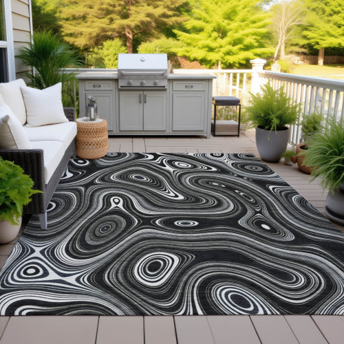10' X 14' Black And Ivory Geometric Washable Indoor Outdoor Area Rug - Black, Ivory