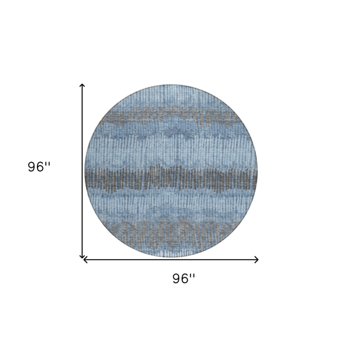 8' Blue Black And Gray Round Striped Washable Indoor Outdoor Area Rug