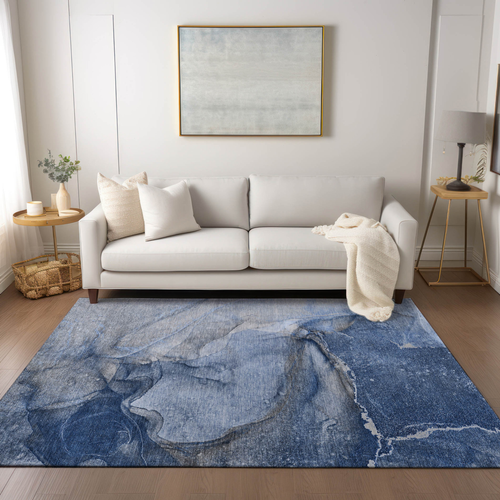 10' X 14' Navy Blue Abstract Washable Non Skid Indoor Outdoor Area Rug