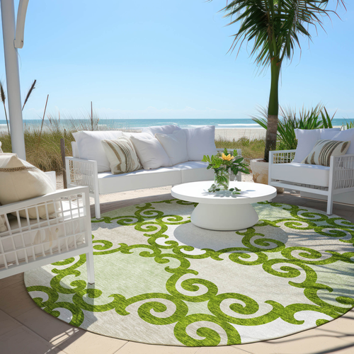 8' Lime Green And Ivory Round Trellis Washable Indoor Outdoor Area Rug