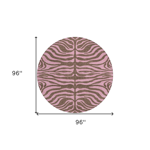 8' Brown And Pink Round Animal Print Washable Indoor Outdoor Area Rug