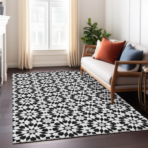 10' X 14' Black Gray And Silver Floral Medallion Washable Indoor Outdoor Area Rug