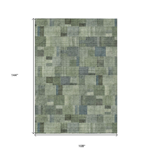 9' X 12' Green And Mint Green Geometric Washable Indoor Outdoor Area Rug