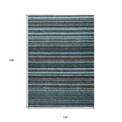 10' X 14' Teal Blue Sky Blue And Gray Striped Washable Indoor Outdoor Area Rug