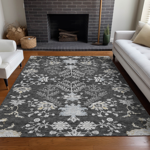 8' X 10' Charcoal Gray And Beige Floral Washable Indoor Outdoor Area Rug