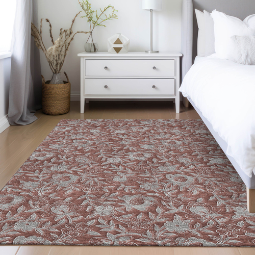 9' X 12' Orange Gray And Silver Floral Washable Indoor Outdoor Area Rug