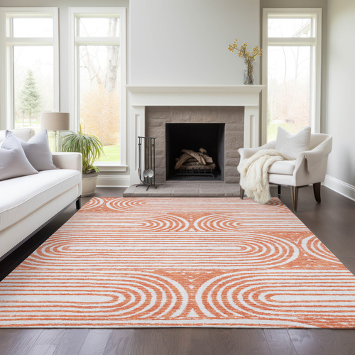 9' X 12' Orange and Ivory Abstract Washable Non Skid Indoor Outdoor Area Rug