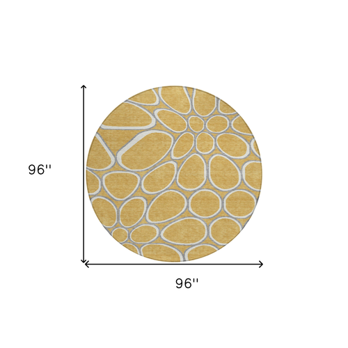 8' Gold Gray And Ivory Round Abstract Washable Indoor Outdoor Area Rug