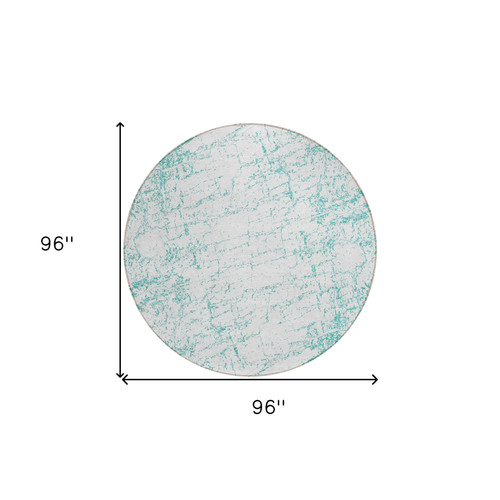 8' Teal Blue And Ivory Round Abstract Washable Indoor Outdoor Area Rug
