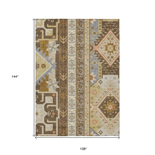 9' X 12' Brown Beige And Ivory Aztec Washable Indoor Outdoor Area Rug