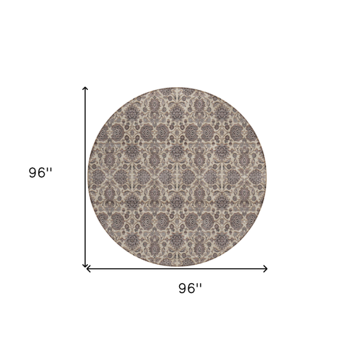 8' Ivory Taupe And Beige Round Floral Washable Indoor Outdoor Area Rug