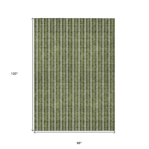 8' X 10' Olive Green And Ivory Striped Washable Indoor Outdoor Area Rug