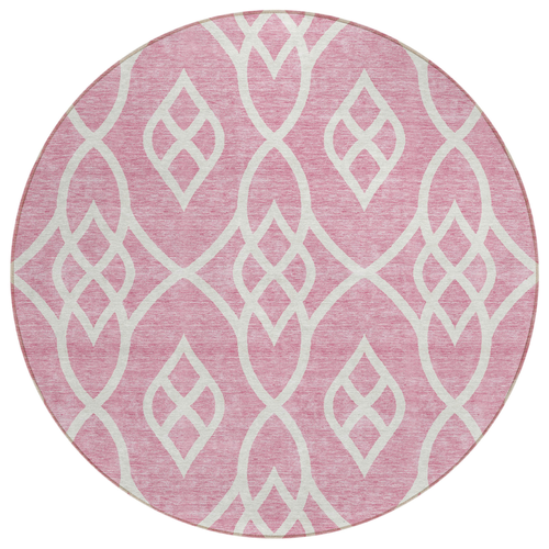 8' Pink And Ivory Round Trellis Washable Indoor Outdoor Area Rug