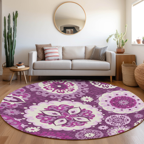 8' Eggplant And Mauve Round Floral Medallion Washable Indoor Outdoor Area Rug