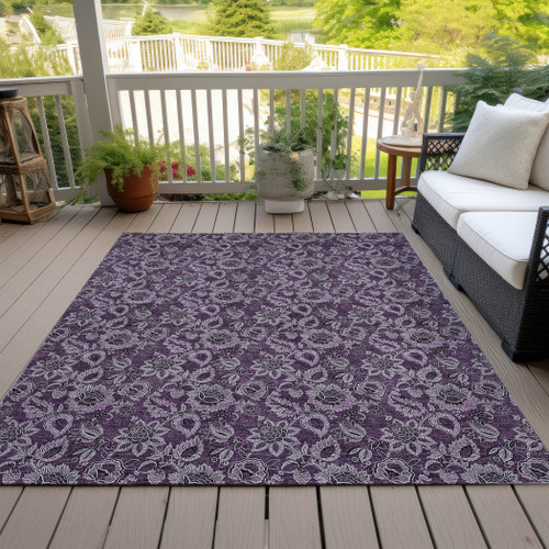 9' X 12' Eggplant Purple And Lilac Floral Washable Indoor Outdoor Area Rug