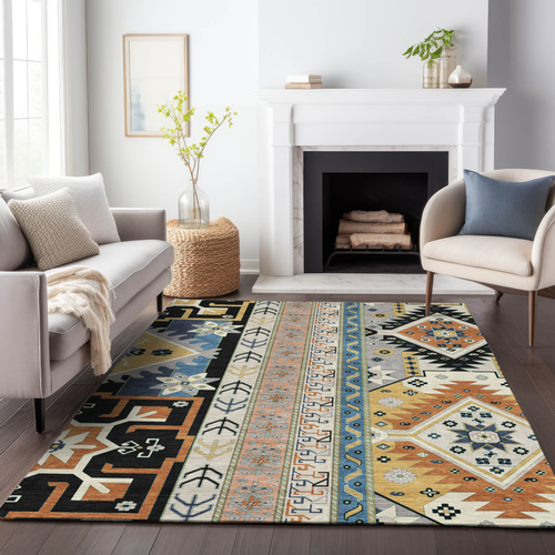 9' X 12' Black Ivory And Copper Aztec Washable Indoor Outdoor Area Rug
