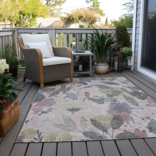 10' X 14' Blush And Mauve Floral Washable Indoor Outdoor Area Rug