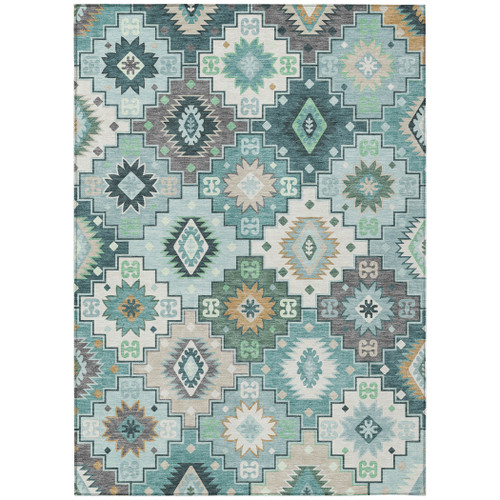 9' X 12' Teal Blue Beige And Ivory Southwestern Washable Indoor Outdoor Area Rug