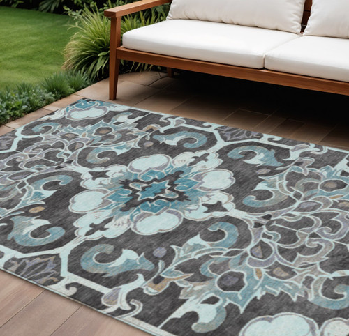 8' X 10' Teal Blue And Charcoal Damask Washable Indoor Outdoor Area Rug