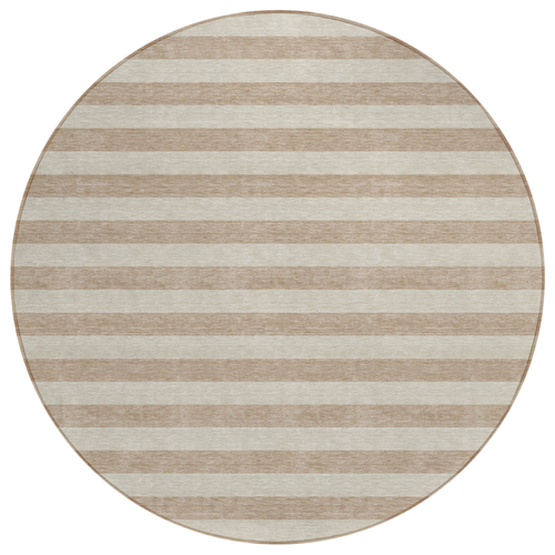 8' Round Beige Round Striped Washable Non Skid Indoor Outdoor Area Rug