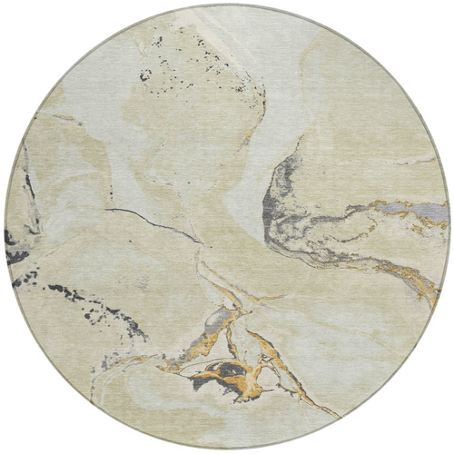 8' Ivory Gray And Gold Round Abstract Washable Indoor Outdoor Area Rug