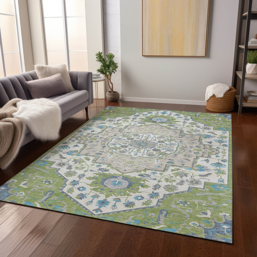 10' X 14' Artichoke Green Blue And Ivory Oriental Washable Indoor Outdoor Area Rug