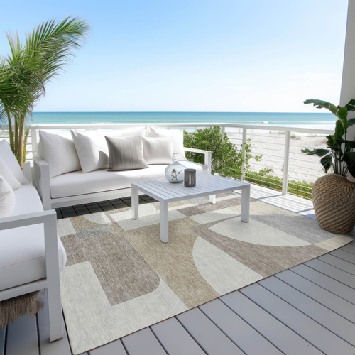 10' X 14' Khaki And Silver Geometric Washable Indoor Outdoor Area Rug