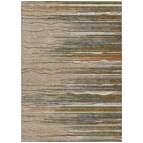 9' X 12' Taupe Copper And Green Striped Washable Indoor Outdoor Area Rug